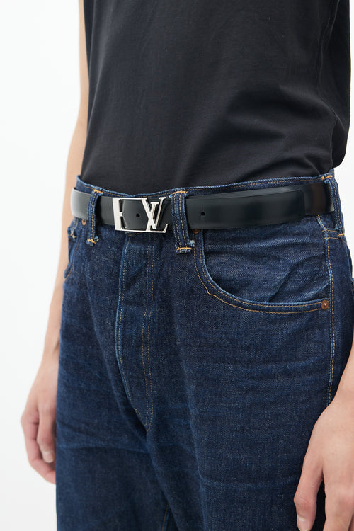 Louis Vuitton Black & Silver Leather Logo Belt