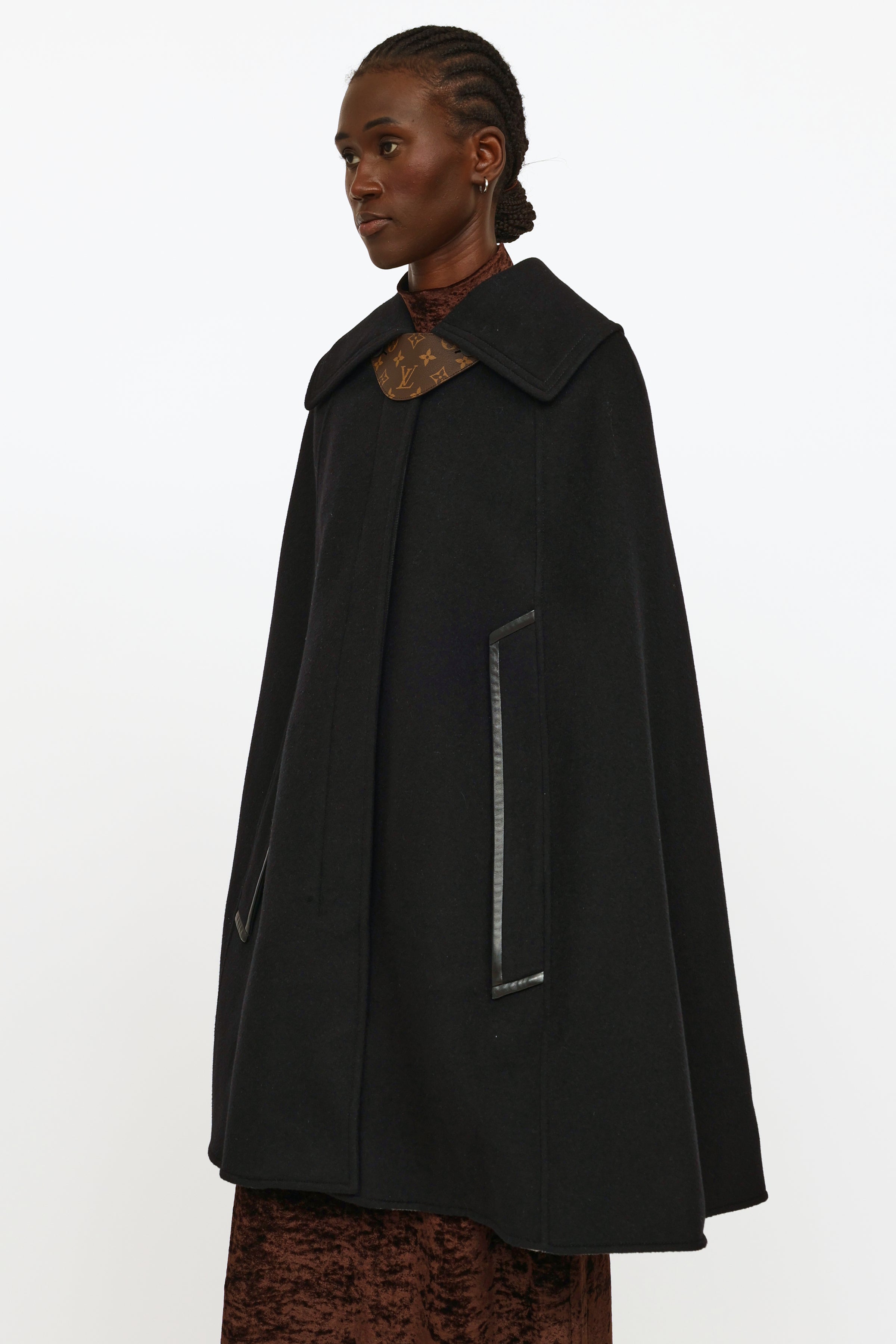 Louis Vuitton // Black Wool & Leather Monogram Detail Trench Cape