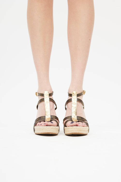 Louis Vuitton Brown & Gold Monogram Wedge Sandal