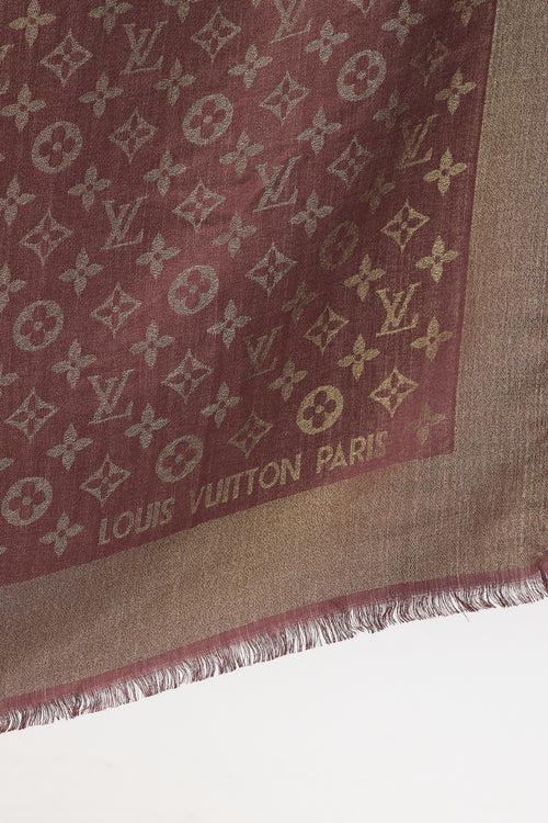 Louis Vuitton Dark Brown & Gold Silk Monogram Shine Scarf