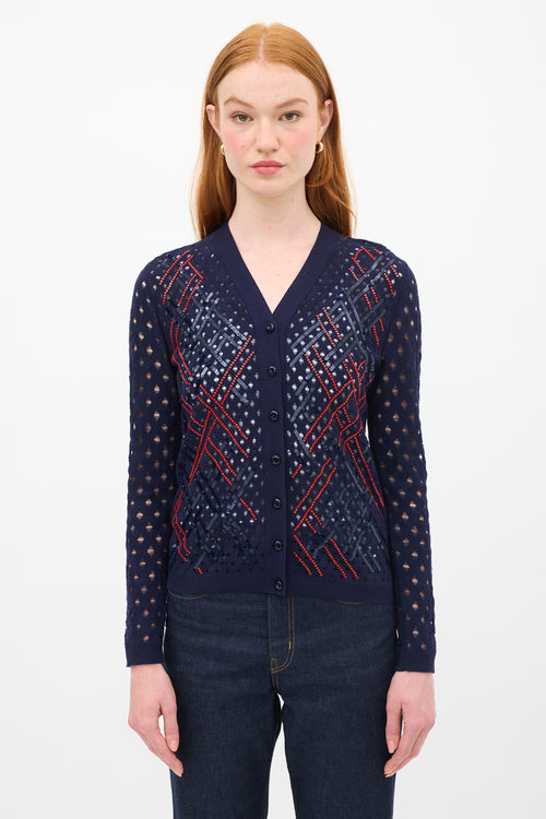 Louis Vuitton Navy & Red Wool Sequin Open Knit Cardigan