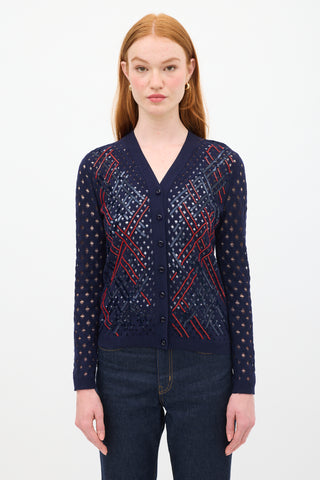 Louis Vuitton Navy & Red Wool Sequin Open Knit Cardigan