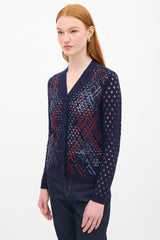 Louis Vuitton Navy & Red Wool Sequin Open Knit Cardigan