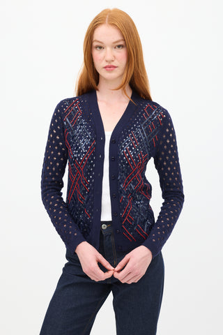 Louis Vuitton Navy & Red Wool Sequin Open Knit Cardigan