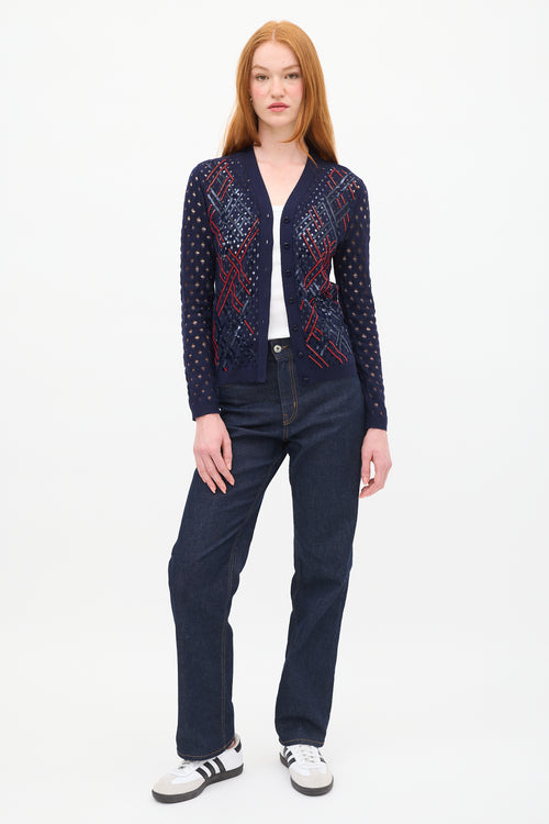 Louis Vuitton Navy & Red Wool Sequin Open Knit Cardigan