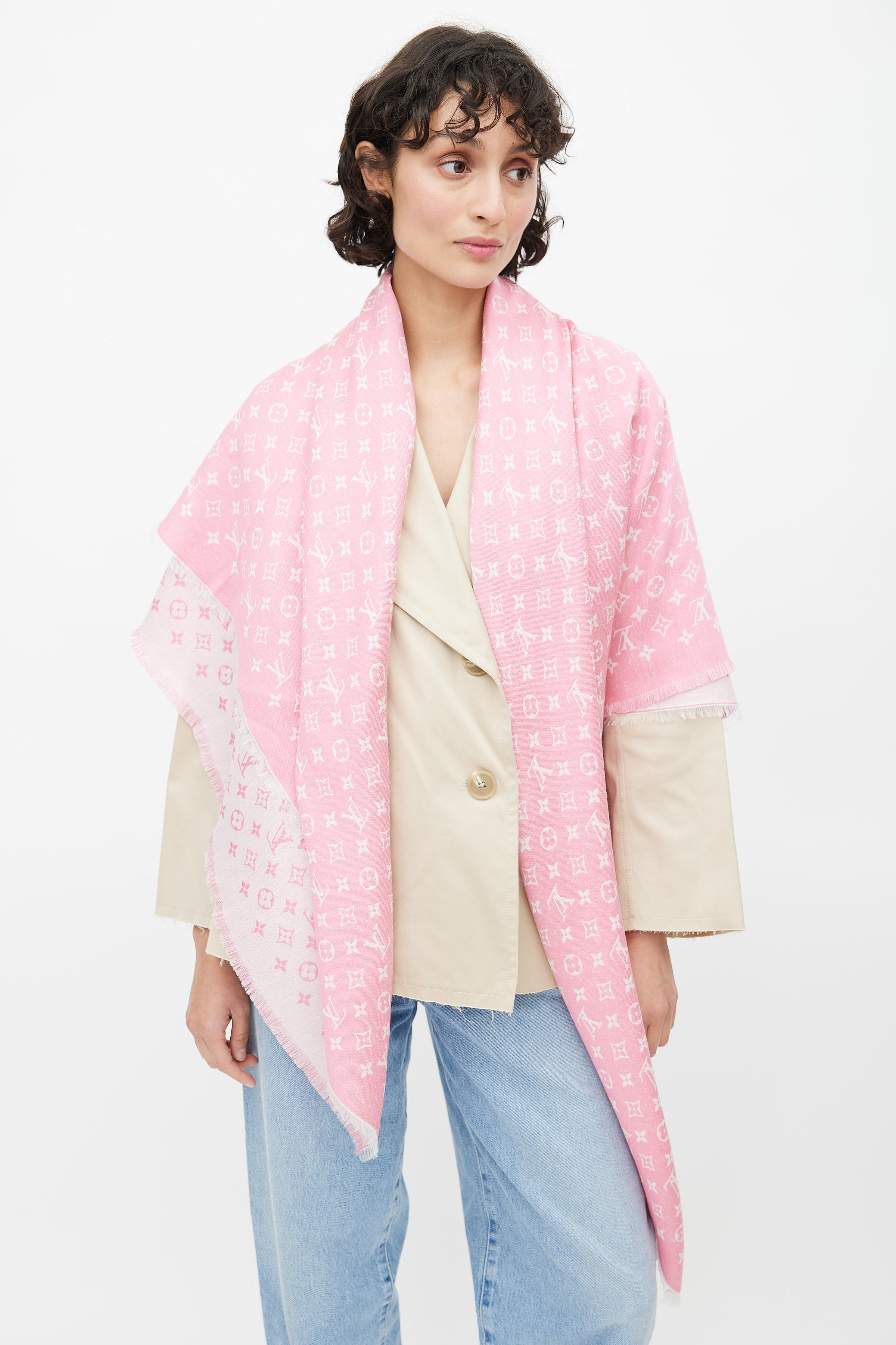 Louis Vuitton Silk Wool Monogram Denim Shawl Pink 206804