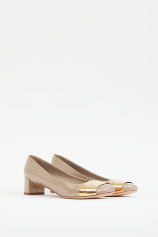 Louis Vuitton Beige & Gold Shiny Patent Leather Heel