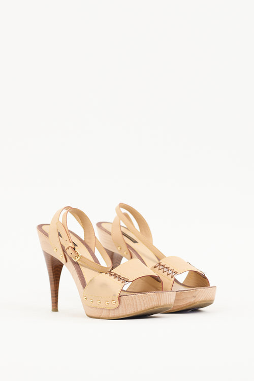 Louis Vuitton Beige Leather & Wood Ankle Wrap Heel