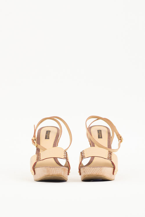 Louis Vuitton Beige Leather & Wood Ankle Wrap Heel