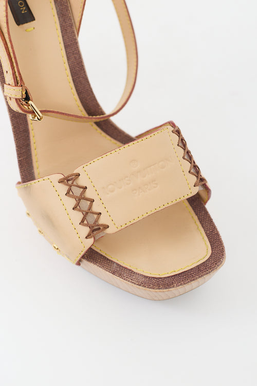 Louis Vuitton Beige Leather & Wood Ankle Wrap Heel