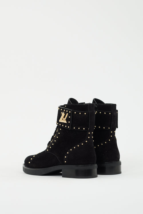 Louis Vuitton Black Suede Studded Wonderland Flat Ranger Boot