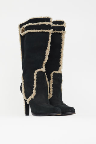 Louis Vuitton Black & Beige Suede High Heeled Boot