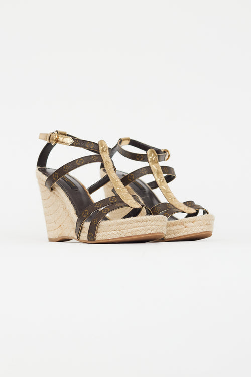 Louis Vuitton Brown & Gold Monogram Wedge Sandal