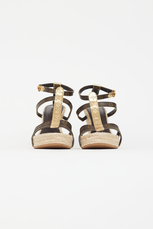 Louis Vuitton Brown & Gold Monogram Wedge Sandal