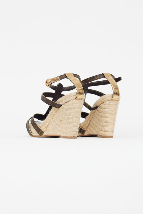 Louis Vuitton Brown & Gold Monogram Wedge Sandal