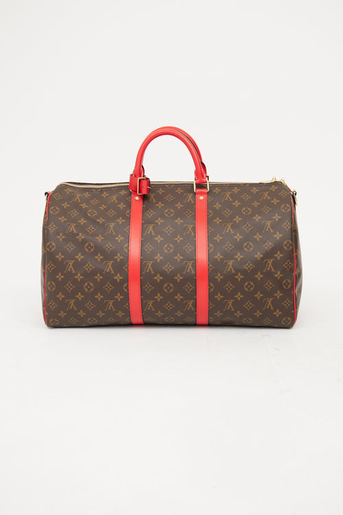 Louis Vuitton Brown & Red Monogram Keepall Bandouliere 50 Bag