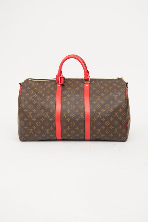 Louis Vuitton Brown & Red Monogram Keepall Bandouliere 50 Bag