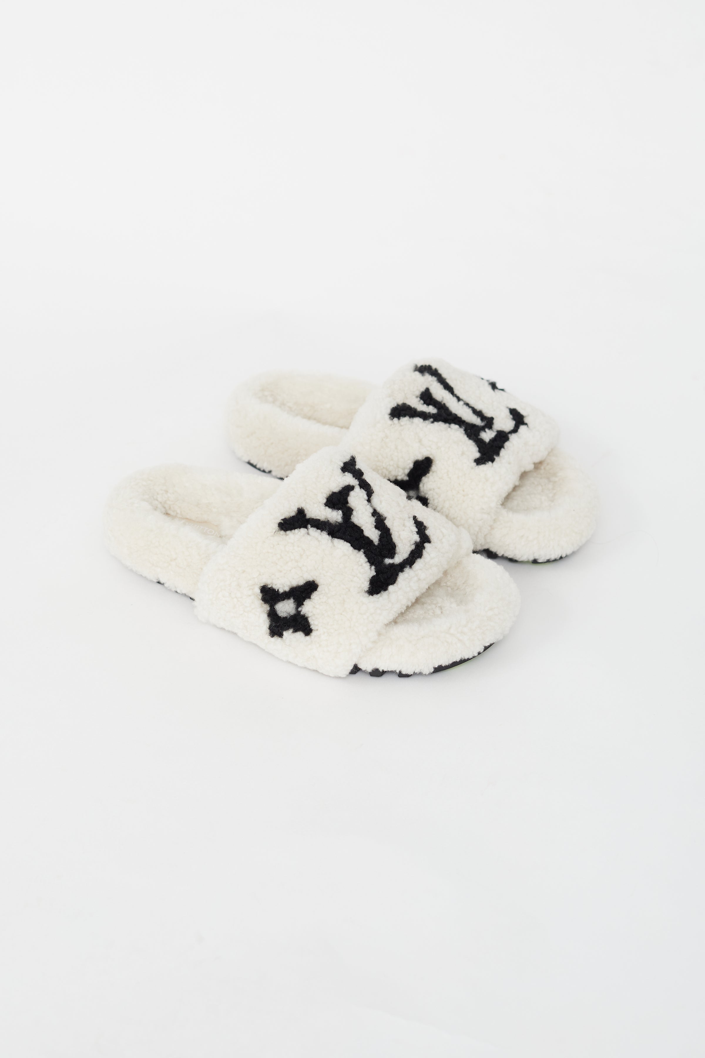 Louis Vuitton Shearling Slides, Black and White, Size 40, New in Box WA001