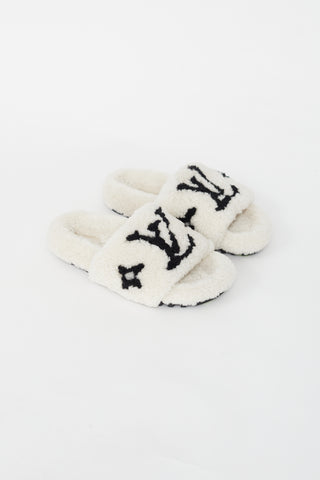Louis Vuitton White and Black Shearling Slide