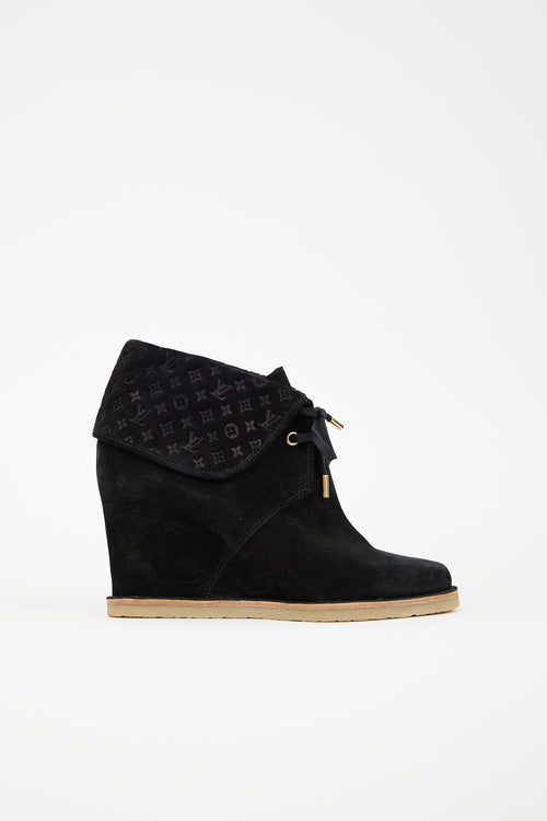Louis Vuitton Suede Foldover Monogram Wedge Boot