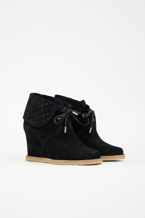 Louis Vuitton Suede Foldover Monogram Wedge Boot
