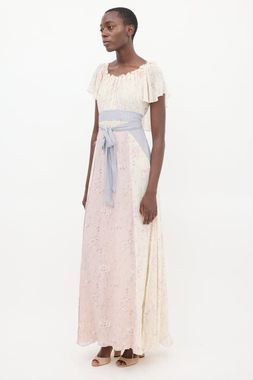 LoveShackFancy Cream & Multi Silk Floral Belted Dress