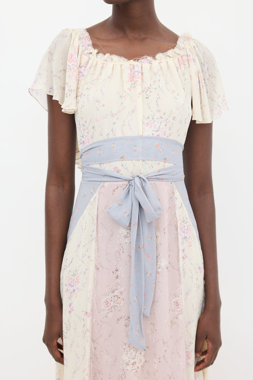 LoveShackFancy Cream & Multi Silk Floral Belted Dress