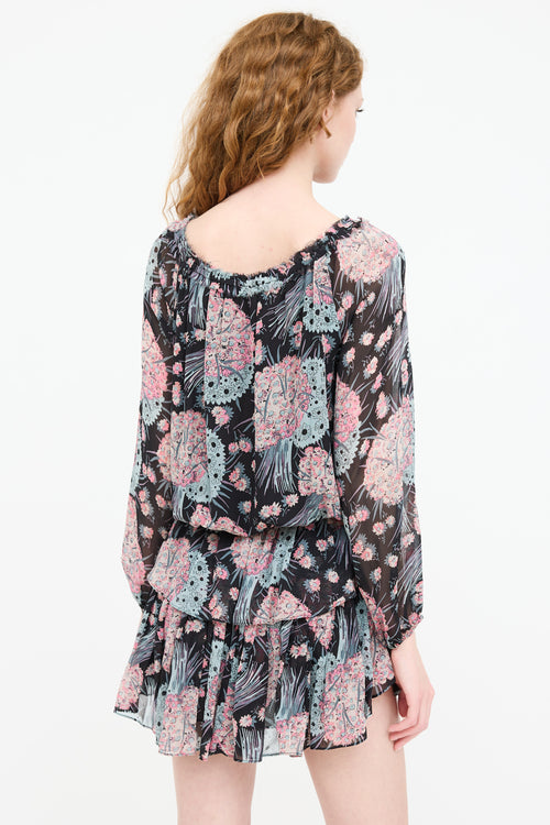 LoveShackFancy Silk Floral Ruffled Keyhole Dress