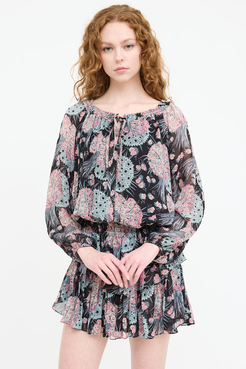 LoveShackFancy Silk Floral Ruffled Keyhole Dress