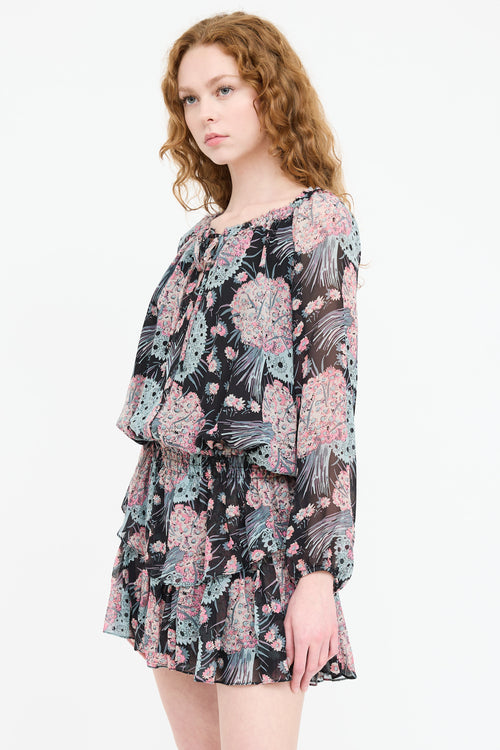 LoveShackFancy Silk Floral Ruffled Keyhole Dress