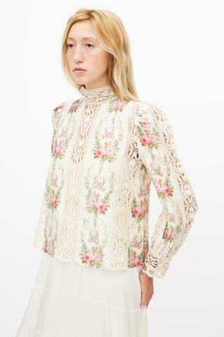 LoveShackFancy Beige & Multicolour Silk Floral Crochet Blouse