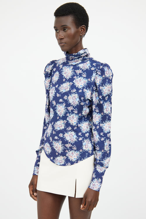 LoveShackFancy Blue Floral Highneck Long Sleeve Top