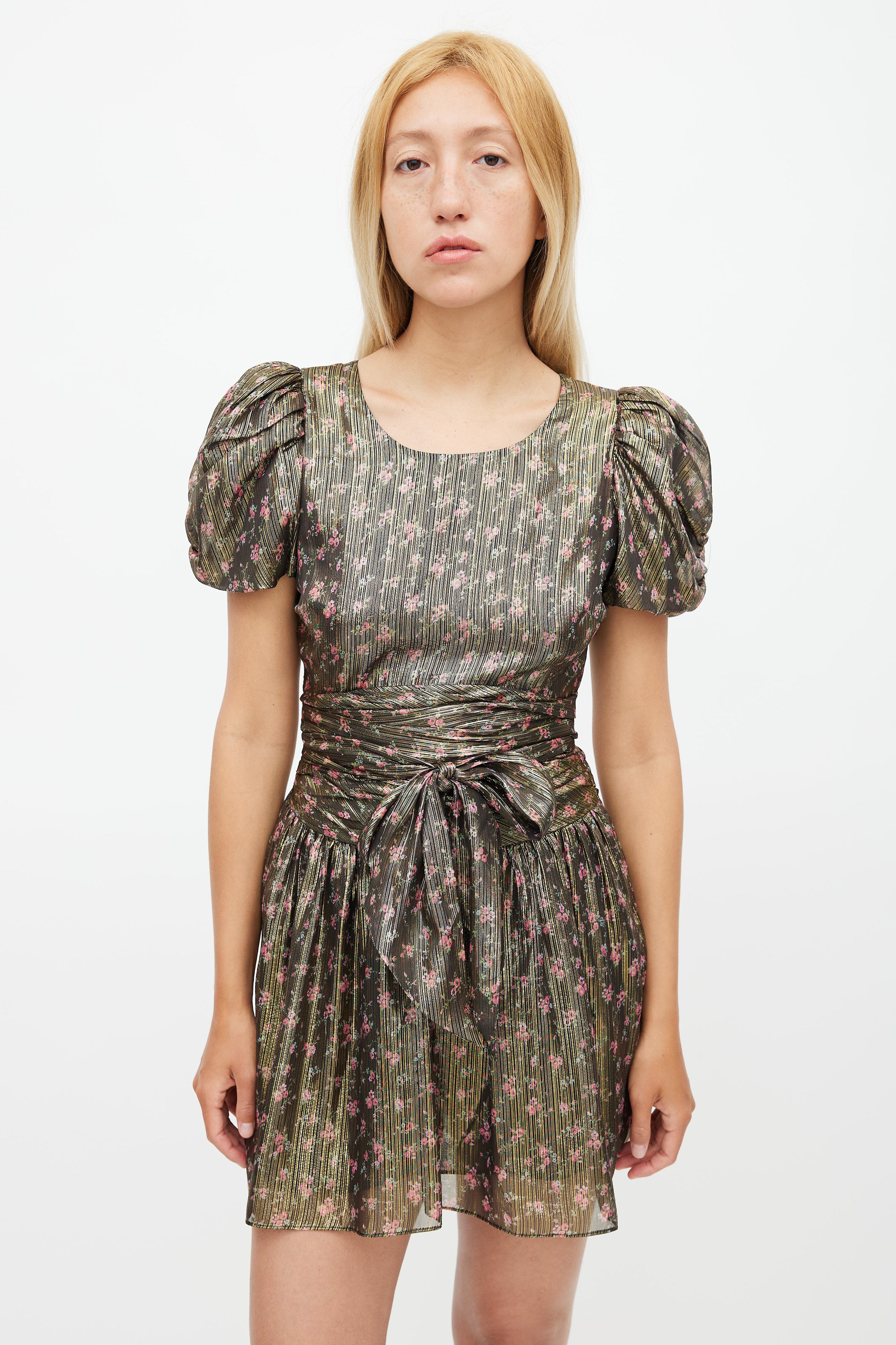 LoveShackFancy // Gold & Multicolour Floral Metallic Belted Dress VSP Consignment LoveShackFancy // Gold & Multicolour Floral Metallic Belted Dress VSP Consignment