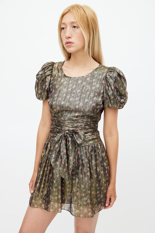 LoveShackFancy Gold & Multicolour Floral Metallic Belted Dress