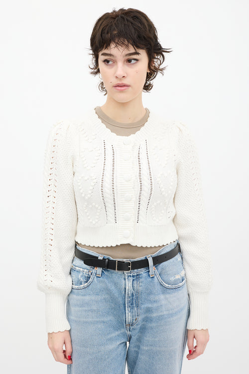 LoveShackFancy White Knit Cropped Heart Cardigan