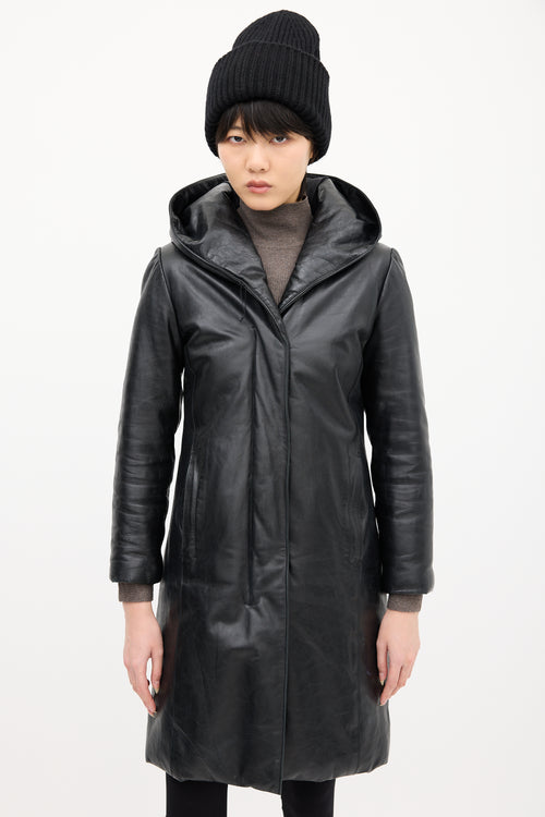 M0851 Black Leather Hooded & Padded Coat