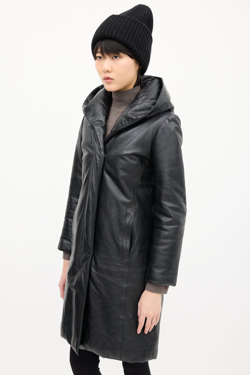 M0851 Black Leather Hooded & Padded Coat