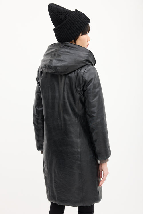 M0851 Black Leather Hooded & Padded Coat