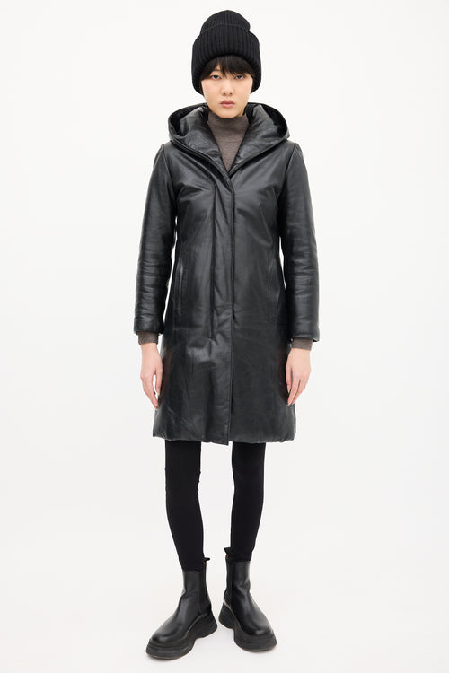 M0851 Black Leather Hooded & Padded Coat