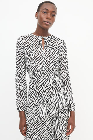 Maje White & Black Printed Ruffle Dress