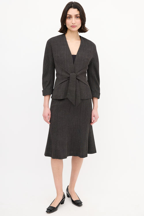 Max Mara Black & Brown Wool Woven Tie Front Skirt Suit