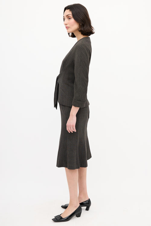 Max Mara Black & Brown Wool Woven Tie Front Skirt Suit