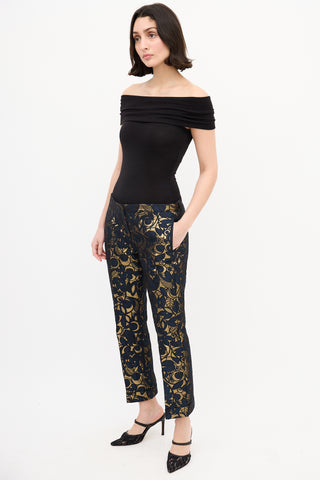 Max Mara S Navy & Gold Brocade Cropped Trouser