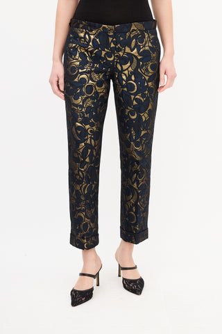 Max Mara S Navy & Gold Brocade Cropped Trouser