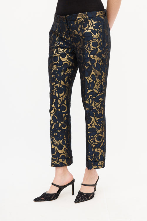 Max Mara S Navy & Gold Brocade Cropped Trouser