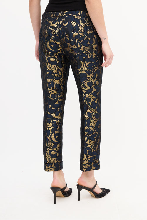 Max Mara S Navy & Gold Brocade Cropped Trouser