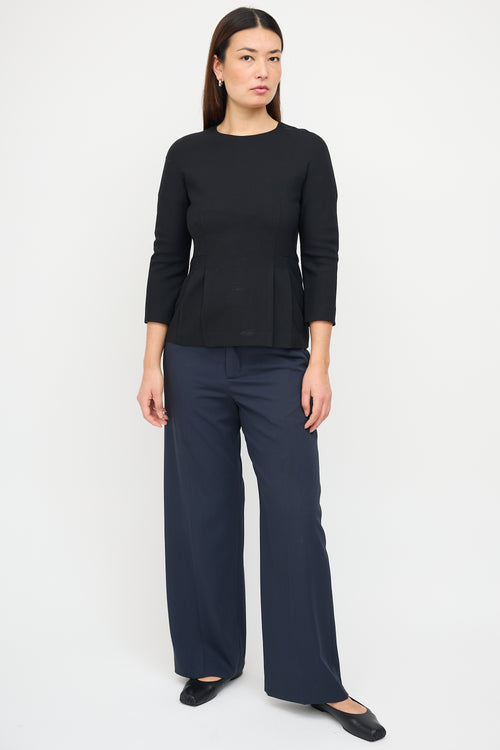 Max Mara Black Wool Pleated Peplum Top