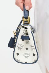 MCM White & Navy Leather Visetos Monogram Satchel Bag