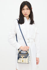 MCM White & Navy Leather Visetos Monogram Satchel Bag