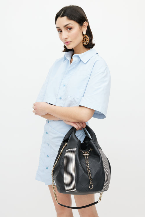 Chanel 2019 Black & White Stitched Drawstring Leather Bag